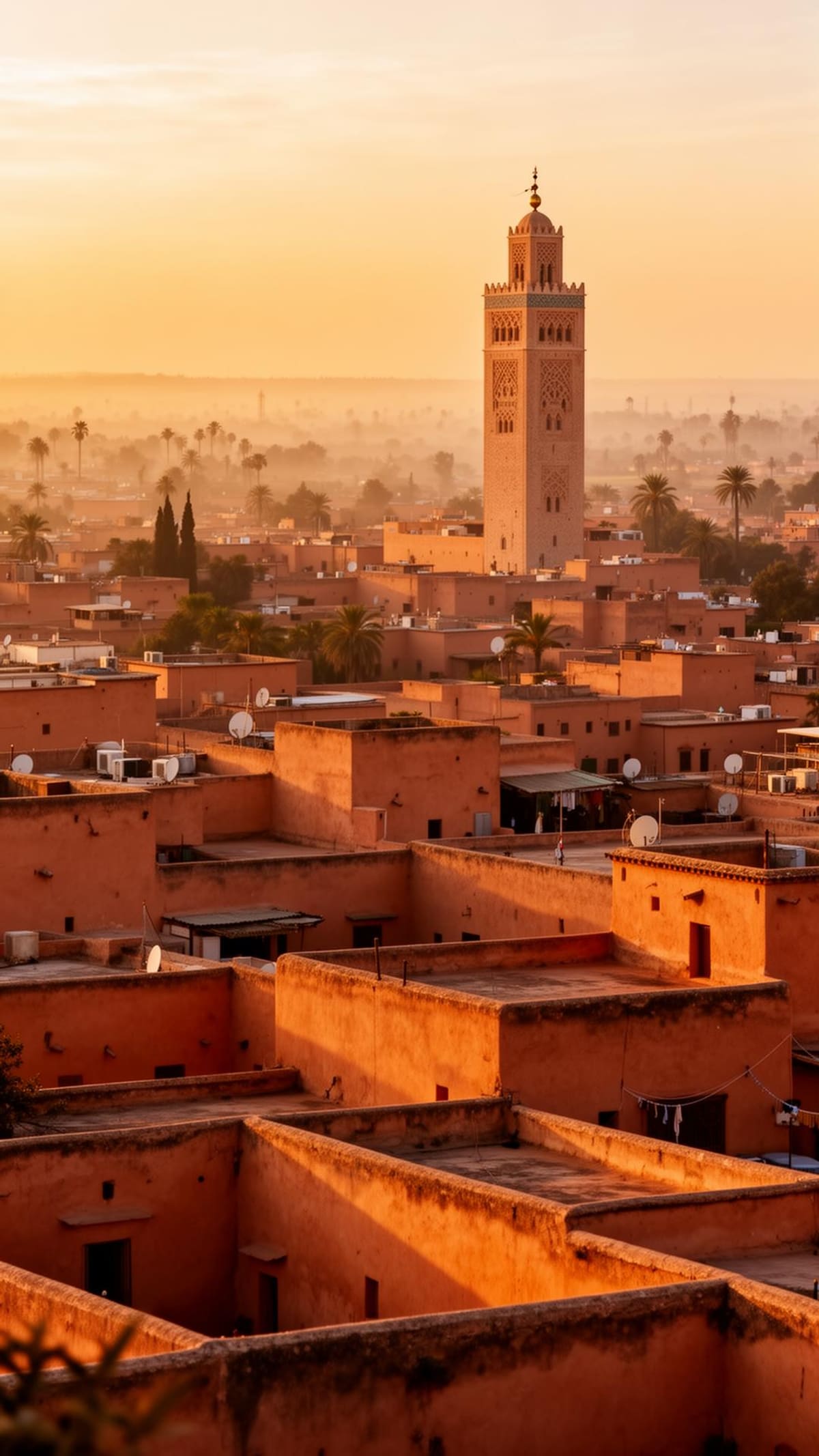 Coucher de soleil sur les toits de la médina de Marrakech, minaret de la Koutoubia au loin